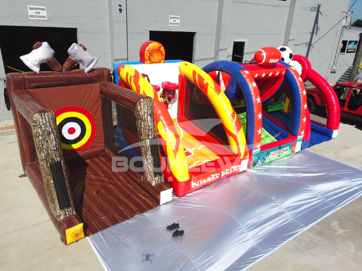 Sports Mania 4 - Piece Inflatable Game Set – Football, Soccer, Basketball & Axe Throw - BounceWave Inflatable Sales