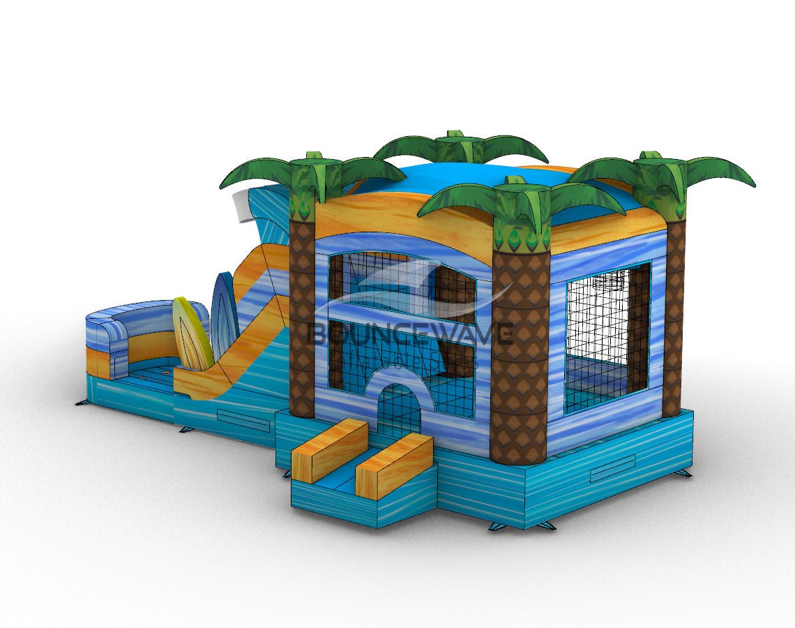 Back angled view of Surf's Up Commercial Econo Inflatable Combo (Wet/Dry) featuring the bounce house entrance with mesh cover, wave-shaped slide, and surfboard decorations. Four inflatable palm trees top the structure. The combo has a vibrant blue, yellow, and green color scheme. Displayed against a white background, emphasizing its beach-themed design.