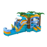 Three-quarter view of Surf's Up Commercial Econo Inflatable Combo (Wet/Dry) showcasing the wave-shaped slide, bounce house with palm tree decorations, and surfboard designs. Features a blue base, yellow accents, and green palm trees. Mesh windows and entrance visible. Displayed on a white background, emphasizing its tropical beach theme.