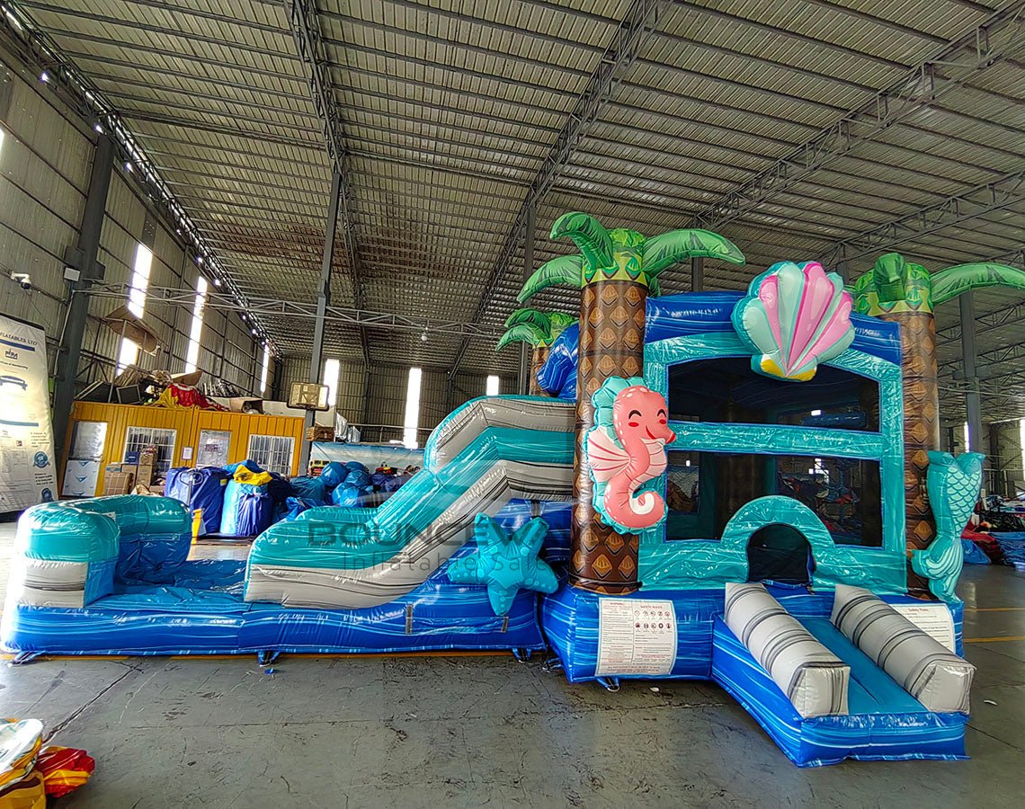 Teal Swappable Bounce House with Slide ** Additional Mermaid Swappable Set ** (Wet/Dry) - BounceWave Inflatable Sales